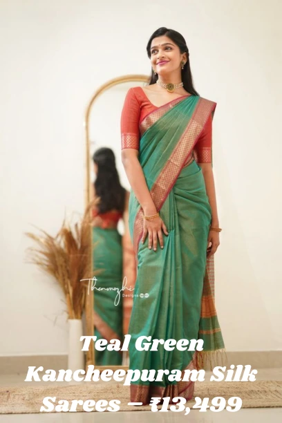 Elegant Kancheepuram silk sarees in teal green with contrasting red blouse and gold zari border