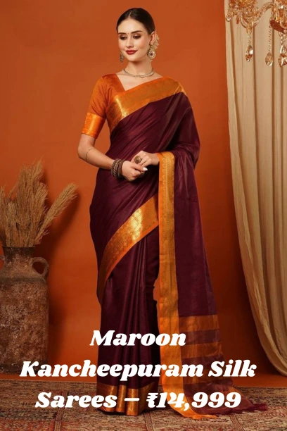 Traditional Kancheepuram silk sarees in deep maroon with rich gold zari border