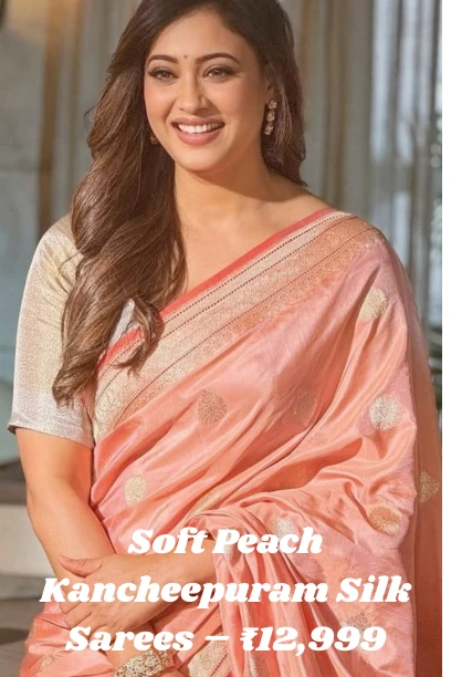 Elegant Kancheepuram silk sarees in soft peach shade with classic zari motifs