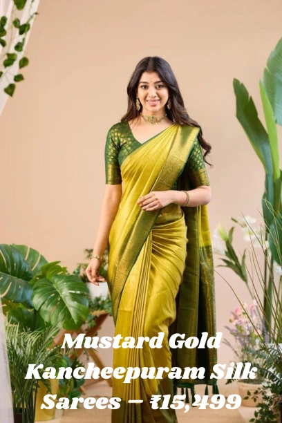 Elegant Kancheepuram silk sarees in mustard gold with green blouse and rich zari border