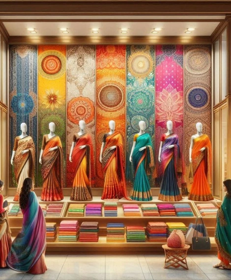 Elegant ladies boutique showcasing premium silk sarees displayed on mannequins in a luxury showroom.