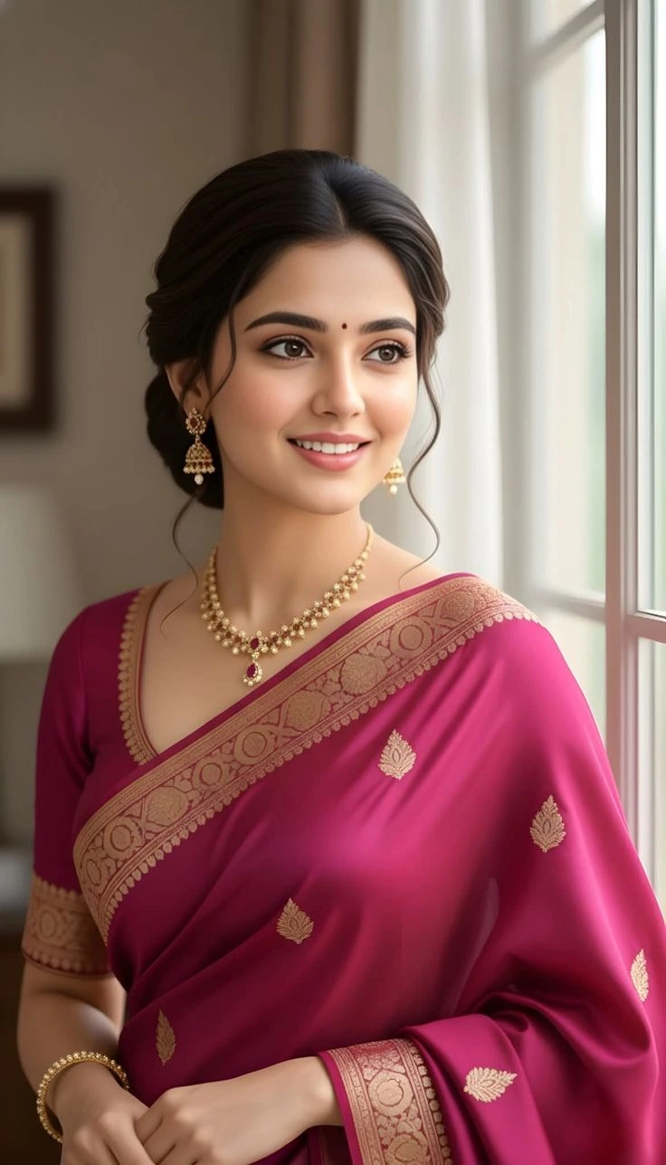 Happy customer wearing elegant silk saree sharing her shopping experience at Phoenix Silks.